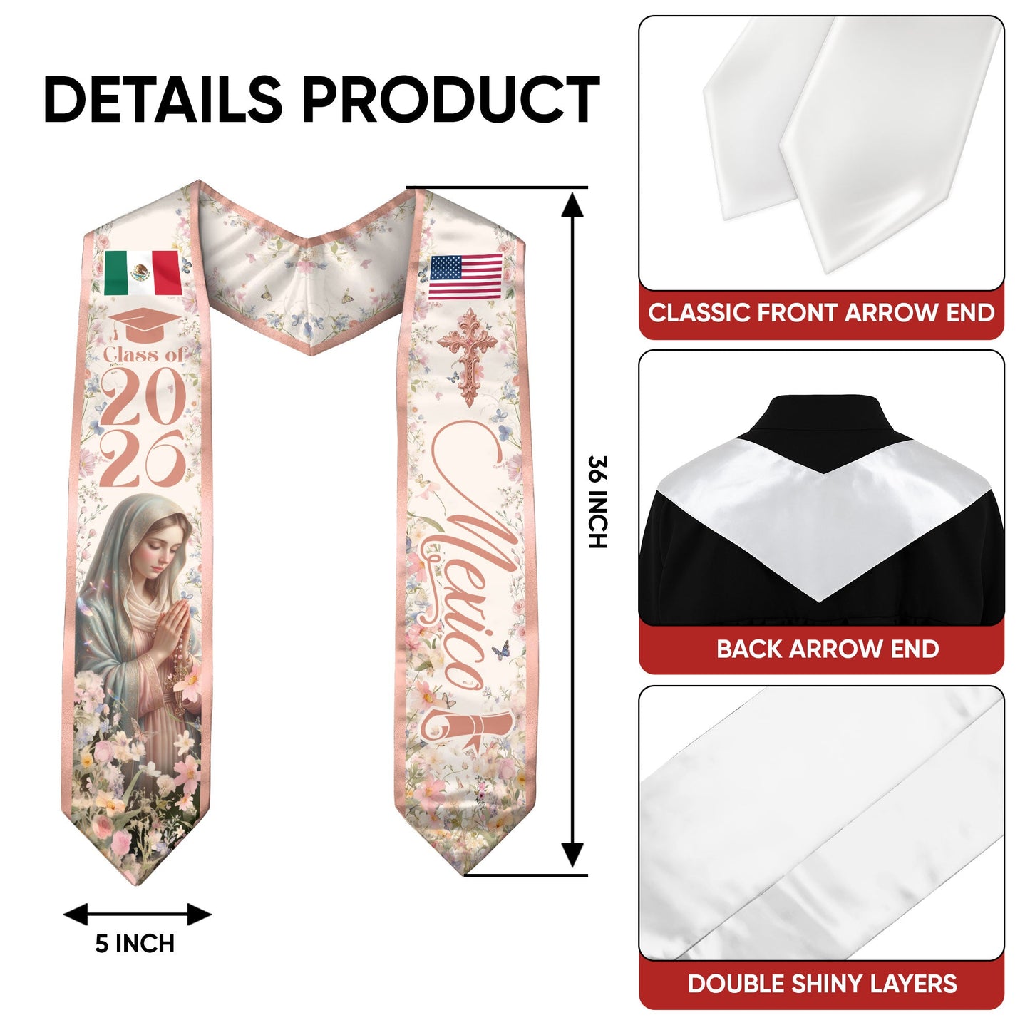 Mexican American Graduation Stole 2026 Virgin Mary Mexico USA Flag Floral Sash