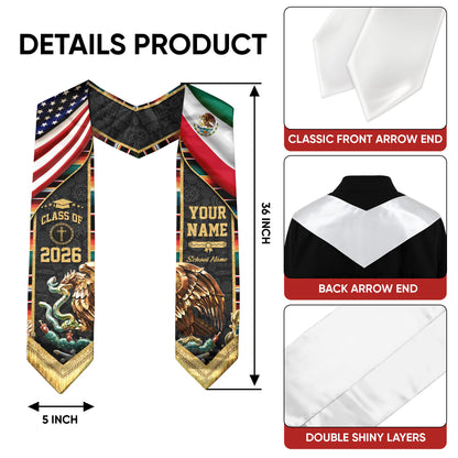 Mexico Graduation Stole 2026 Custom Name School USA Mexican Flag Eagle Heritage Sash