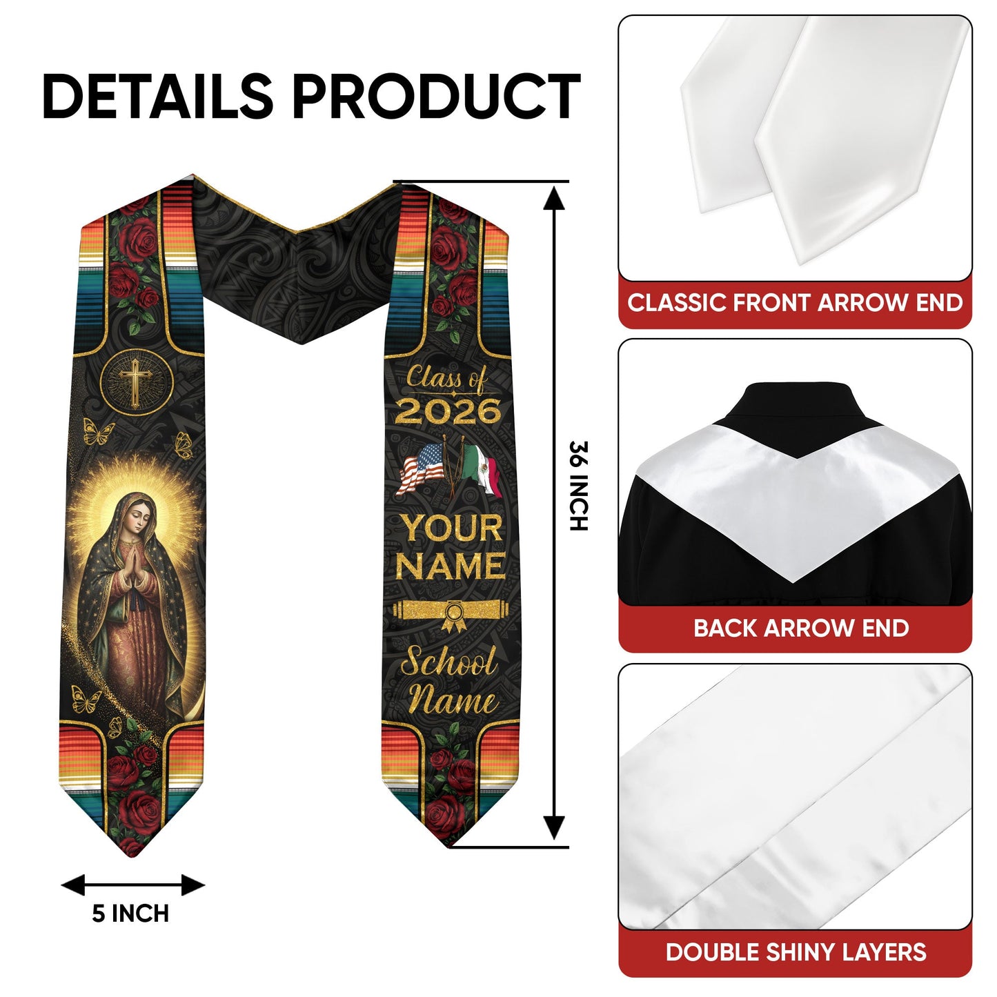 Mexico Graduation Stole Custom Name Class of 2026 Virgin Mary USA Mexico Flag Sash