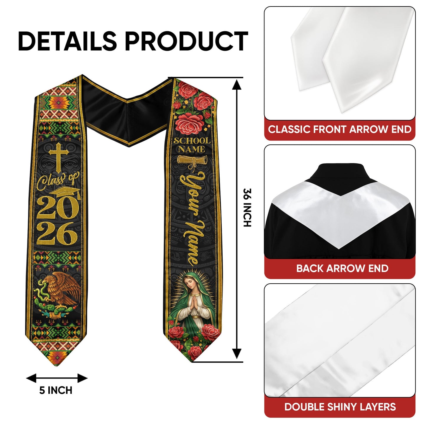 Custom Name Mexican Graduation Stole 2026 - Our Lady of Guadalupe & Eagle Heritage Sash