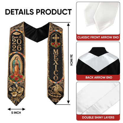 Mexican Graduation Stole Class of 2026 - Black Gold Mexican Heritage Sash Gift