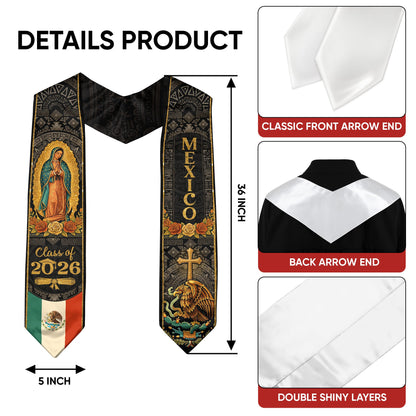 Our Lady of Guadalupe Graduation Stole 2026 - Aztec Sun Stone Mexico Heritage Sash