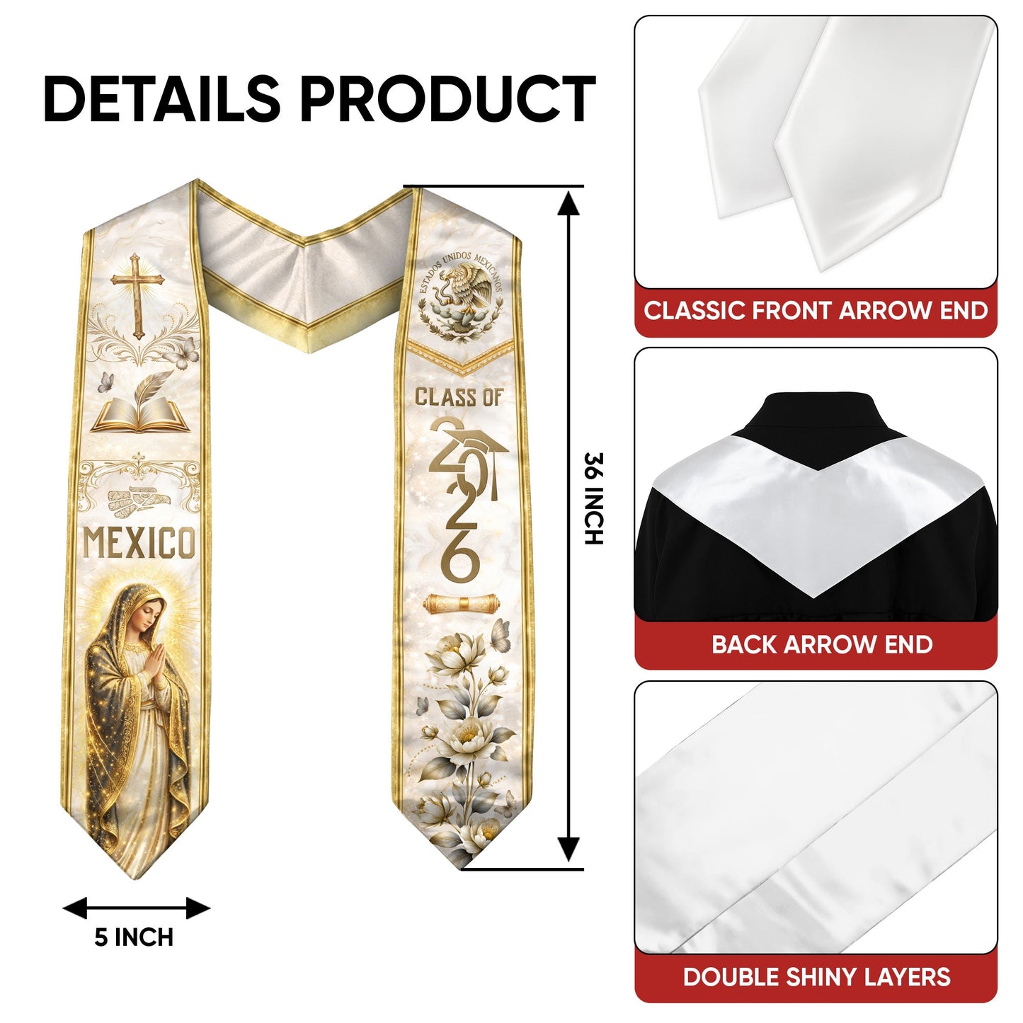 Class of 2026 Mexican Graduation Stole - Virgin Mary & Knowledge Gold Sash