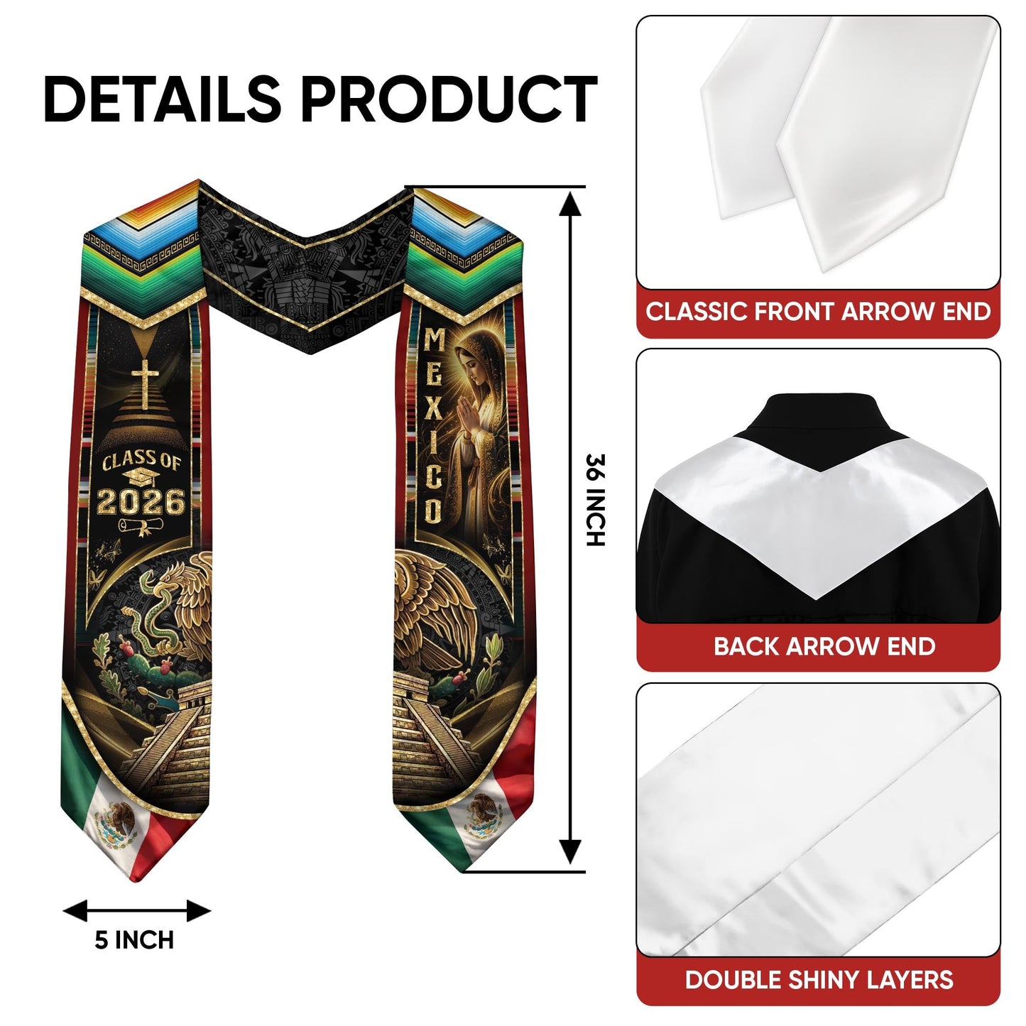 Mexican Graduation Stole Class of 2026 - Aztec Eagle & Virgin Mary Sash