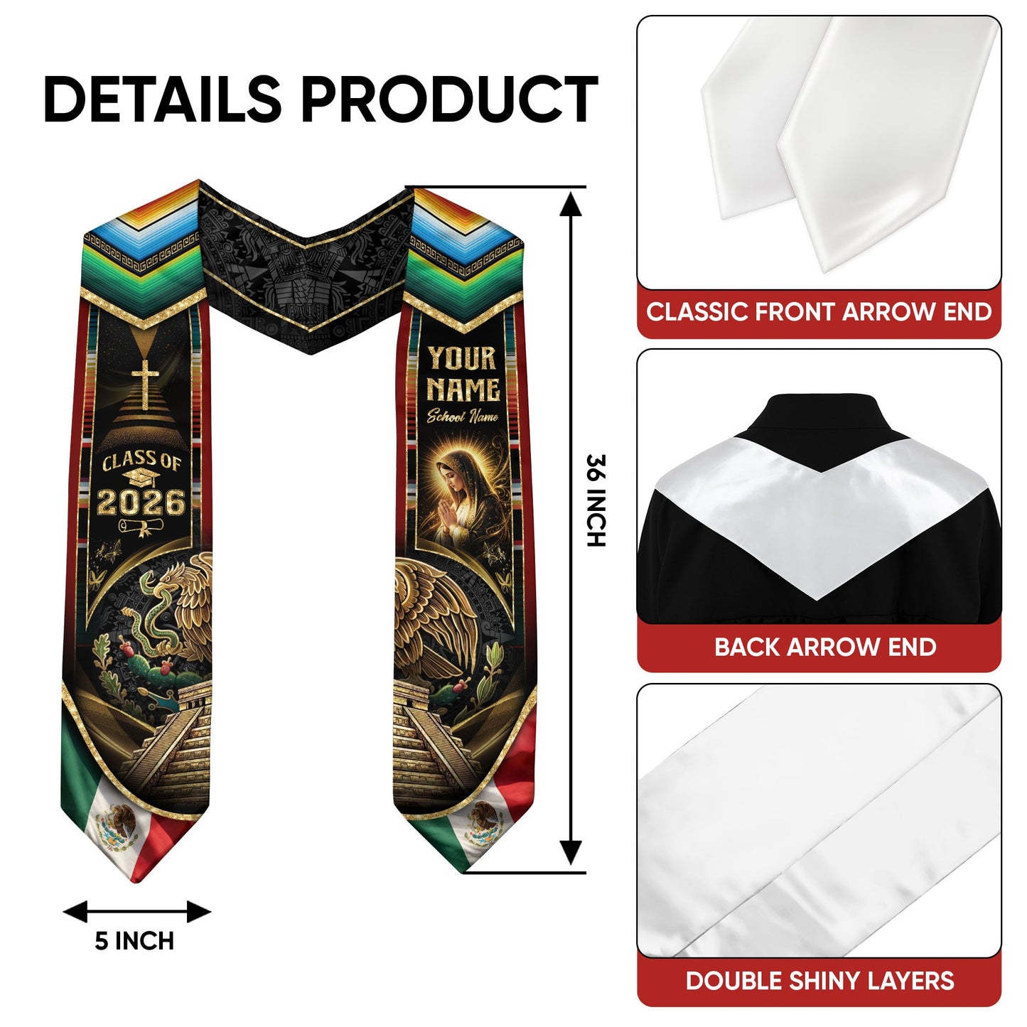 Mexican Graduation Stole 2026 – Virgin Mary, Eagle, Aztec Design, Name & School Personalized Sash