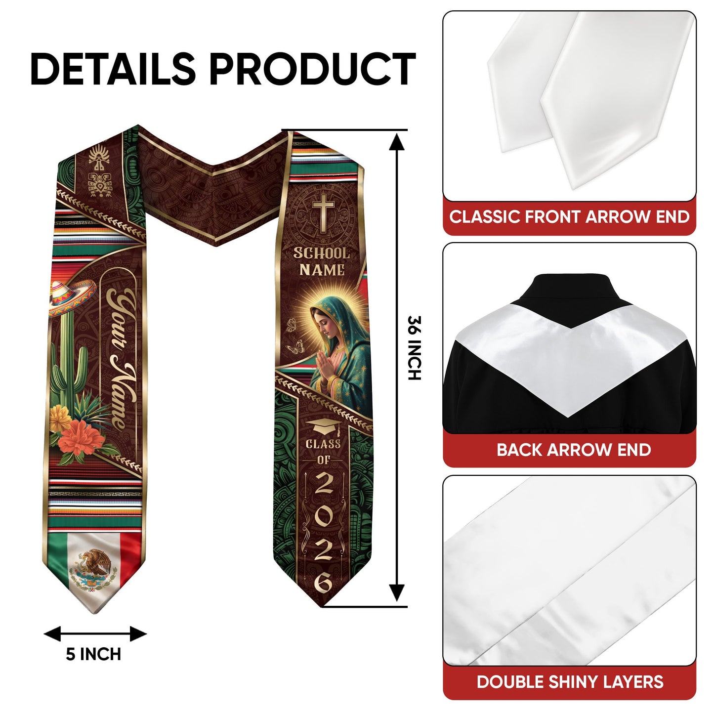 Custom Mexican Graduation Stole 2026 Virgin Mary Cactus Sombrero Name School Sash