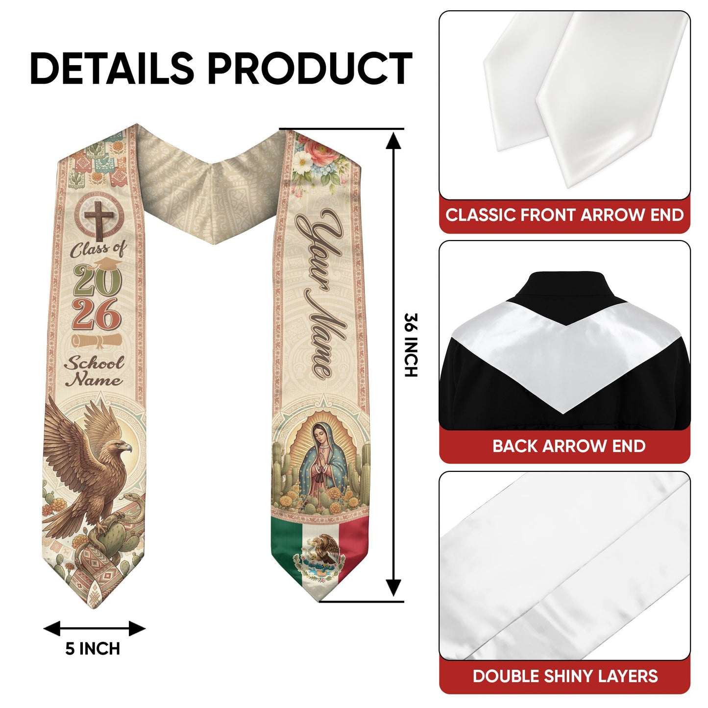 Custom Mexico Graduation Stole 2026 - Our Lady of Guadalupe & Eagle Heritage Sash