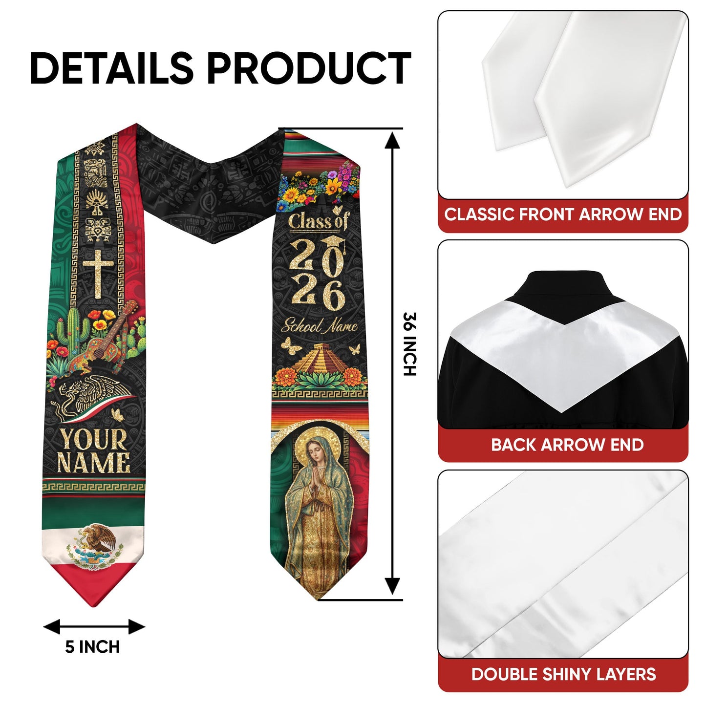 Personalized Mexican Graduation Stole 2026 - Aztec Pyramid & Guitar Heritage Sash