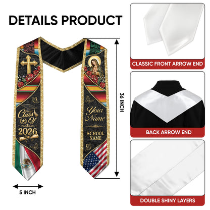 Custom Mexico Graduation Stole 2026 Virgin Mary Cross Mexican US Flag Gold Glitter Sash