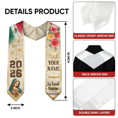 Personalized Mexico Graduation Stole 2026 Virgin Mary Dahlia Floral Mexican Flag Sash