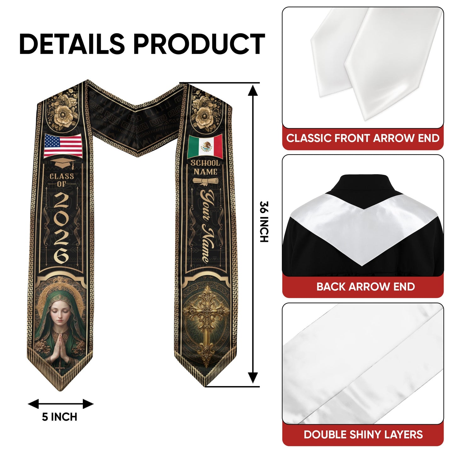 Custom Mexico Graduation Stole 2026 Virgin Mary Cross Mexican US Flag Gold Greek Sash
