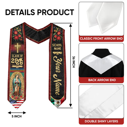 Personalized Mexico US Flag Graduation Sash 2026 - Virgin Mary Floral Stole Gold