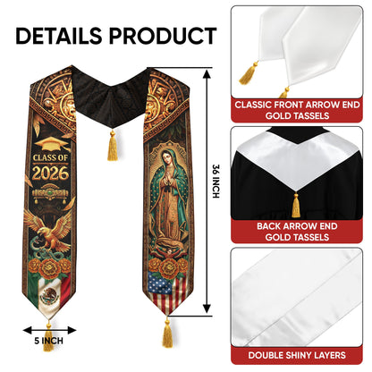 Class of 2026 Graduation Stole Mexico Flag Virgin Guadalupe Aztec Eagle Serape Tassel Sash