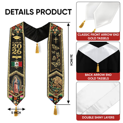 Class of 2026 Mexico Stole Aztec Eagle Virgin Guadalupe Butterfly Floral Tassel Sash