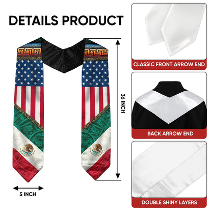Mexico USA Flag Graduation Stole - Aztec Pattern Mexican American Heritage Sash