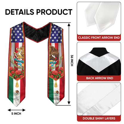 Mexico USA Flag Graduation Stole - Mexican American Heritage Eagle Red Rose Sash