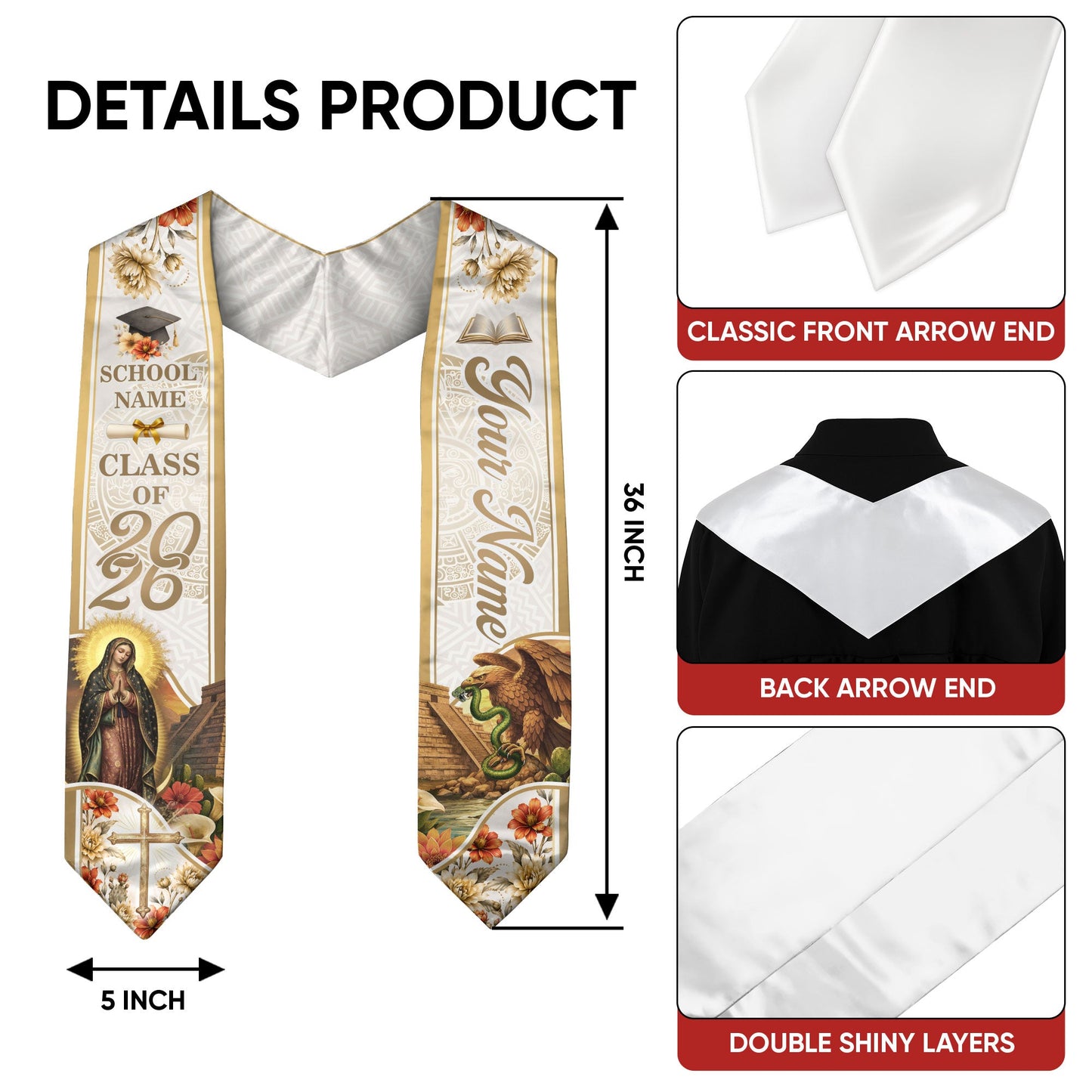 Virgin Mary Graduation Stole 2026 - Personalized Mexican Heritage Guadalupe Gold Sash
