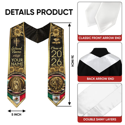 Mexico Graduation Stole 2026 Gold Glitter Virgin Mary Eagle Personalized Heritage Sash