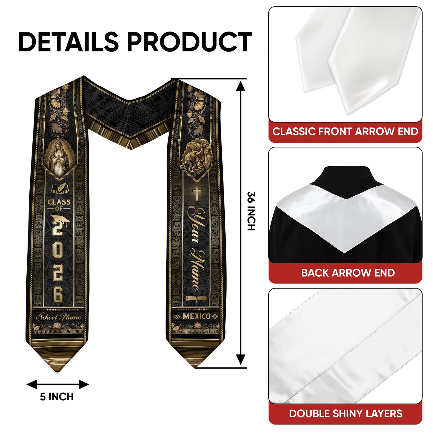 Mexico Graduation Stole Class of 2026 - Custom Name School Gold Black Sash