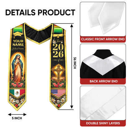 Custom Mexico USA Flag Graduation Stole 2026 Virgin Mary Cross Heritage Sash