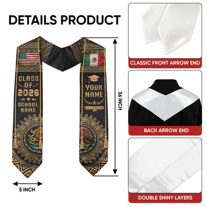 Custom Mexico USA Flag Graduation Stole 2026 Aztec Calendar Heritage Gold Sash