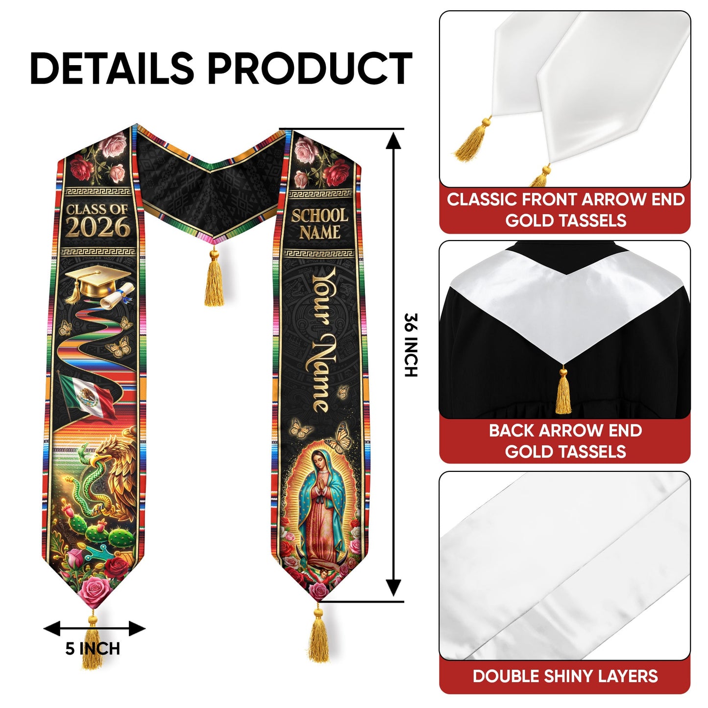 Custom Mexico Graduation Stole 2026 Tassels Virgin Mary Eagle Serape Sash