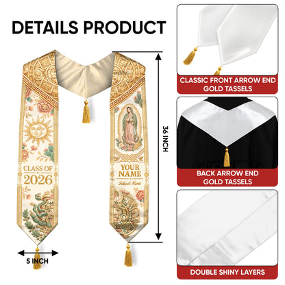 Custom Mexico Graduation Stole 2026 Tassels Virgin Mary Ivory Aztec Gold Sash