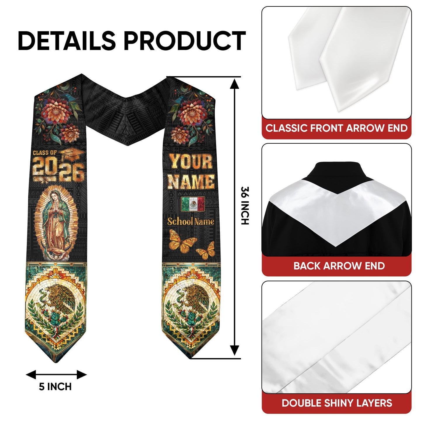 Mexico Grad Stole Custom Name 2026 Virgen De Guadalupe Mexican Senior Sash