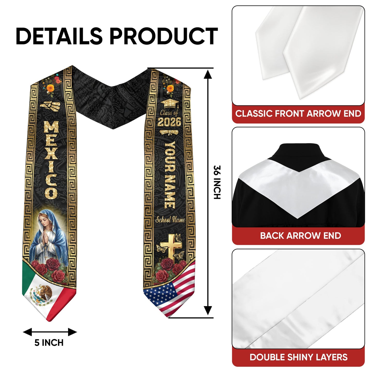 Custom Mexico Graduation Stole 2026 Virgin Mary Eagle Flag Mexican Sash