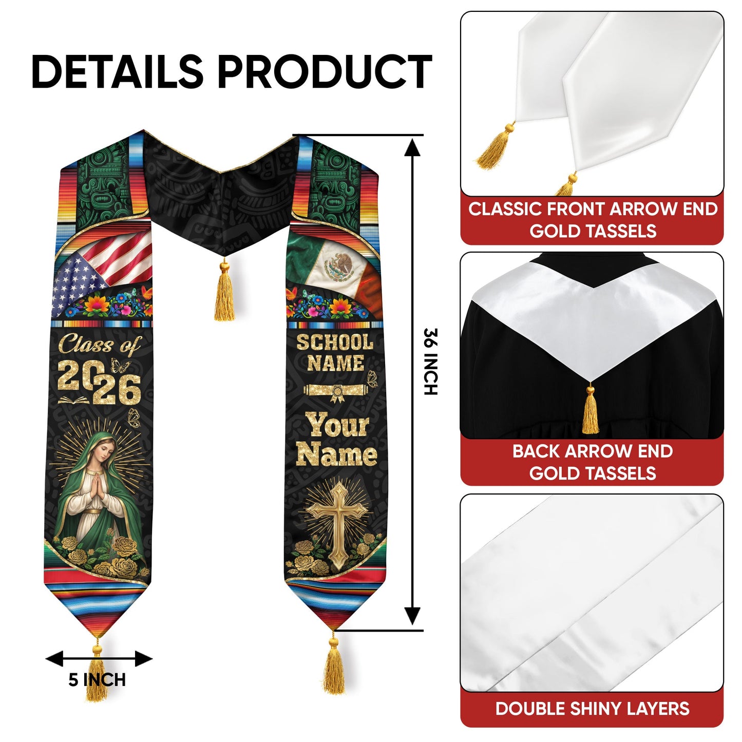 Custom Mexican American Graduation Stole Class of 2026 Our Lady of Guadalupe Mexico Tassel Sash