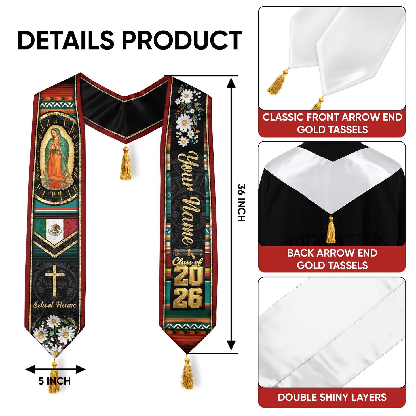 Custom White Floral Mexico Graduation Stole Tassel Class of 2026 Virgin Mary Sash Gift