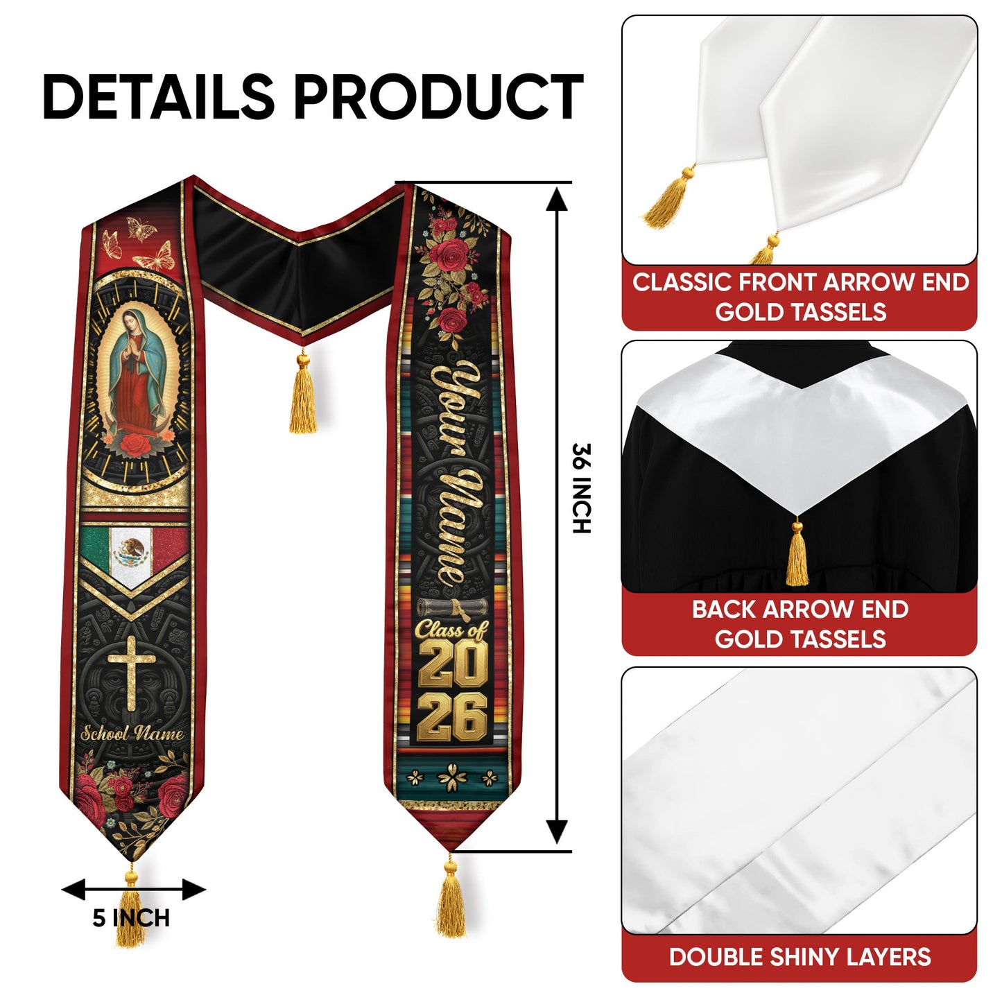 Custom Red Rose Mexico Graduation Stole Tassel Class of 2026 Butterfly Virgin Mary Sash