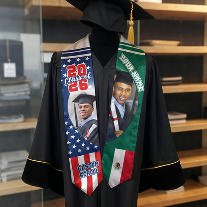 Custom Mexican Graduation Stole 2026 Mexico Flag USA Stars Photo Name School
