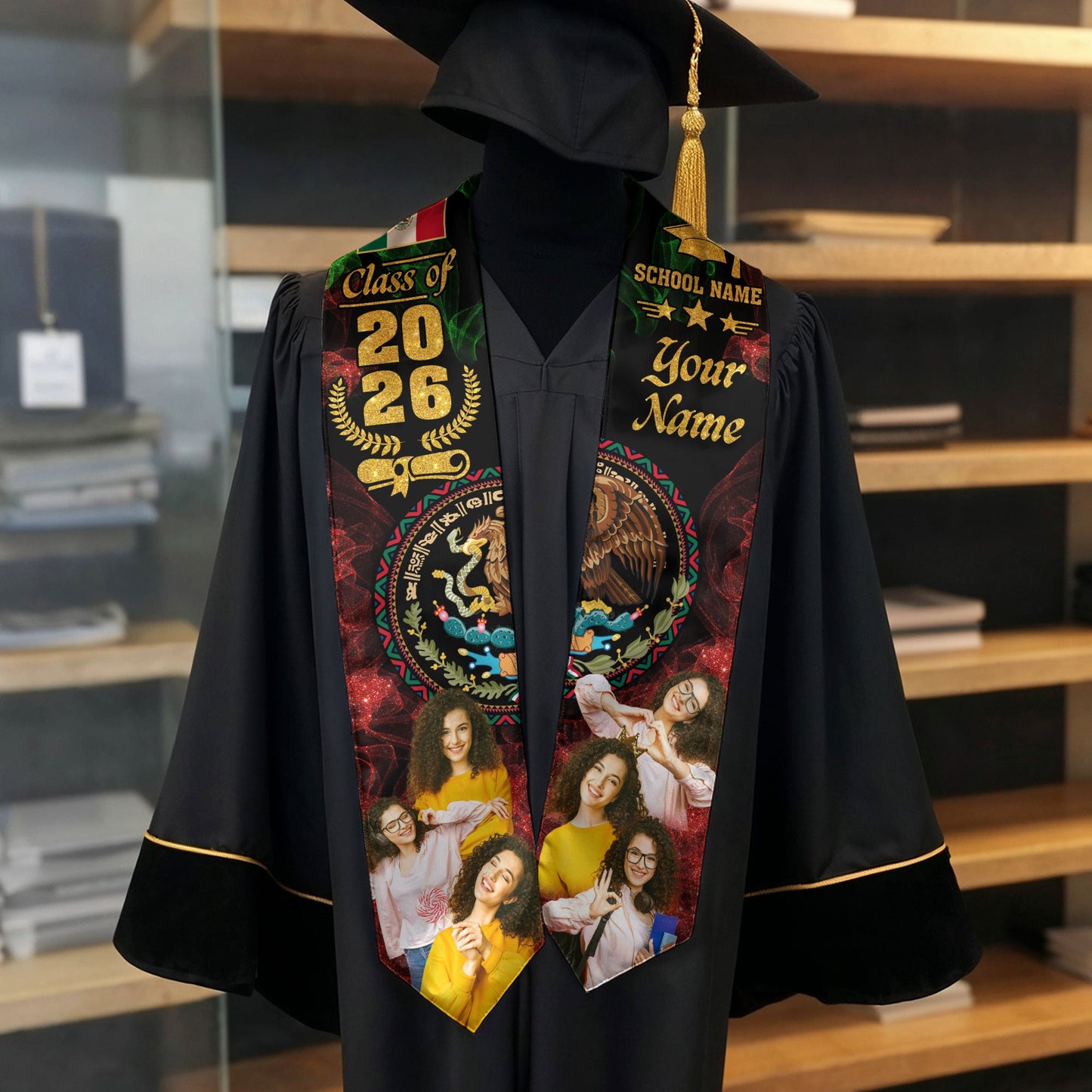 Mexican Aztec Custom Photo Stole 2026, Graduation Sash Mexico for Proud Graduate