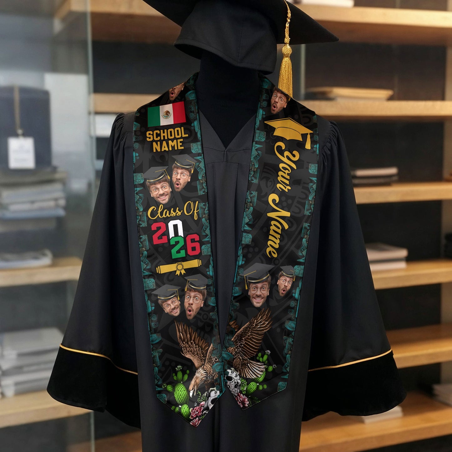 Custom Photo Graduation Stole Mexico Aztec 2026, Mexican Sash for Standout Graduate