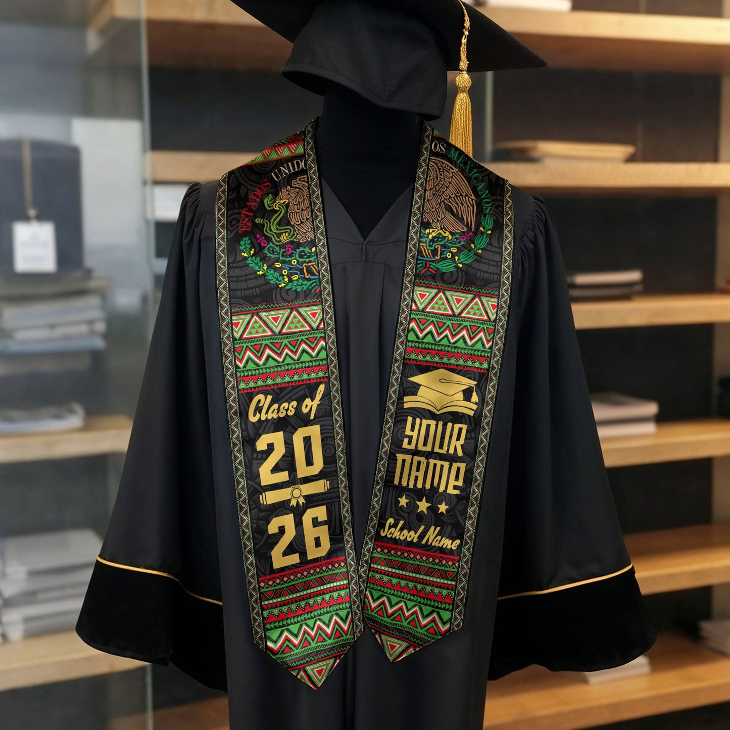 Custom Mexico Graduation Stole 2026 Aztec, Mexican Sash for Graduate Pride