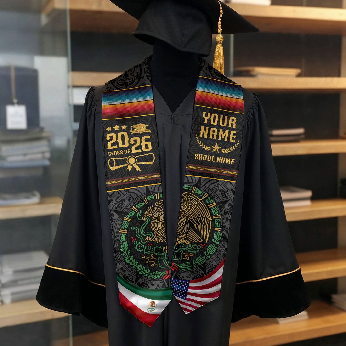 Custom Graduation Sash Mexico Aztec 2026, Mexican Stole for Graduate Recognition