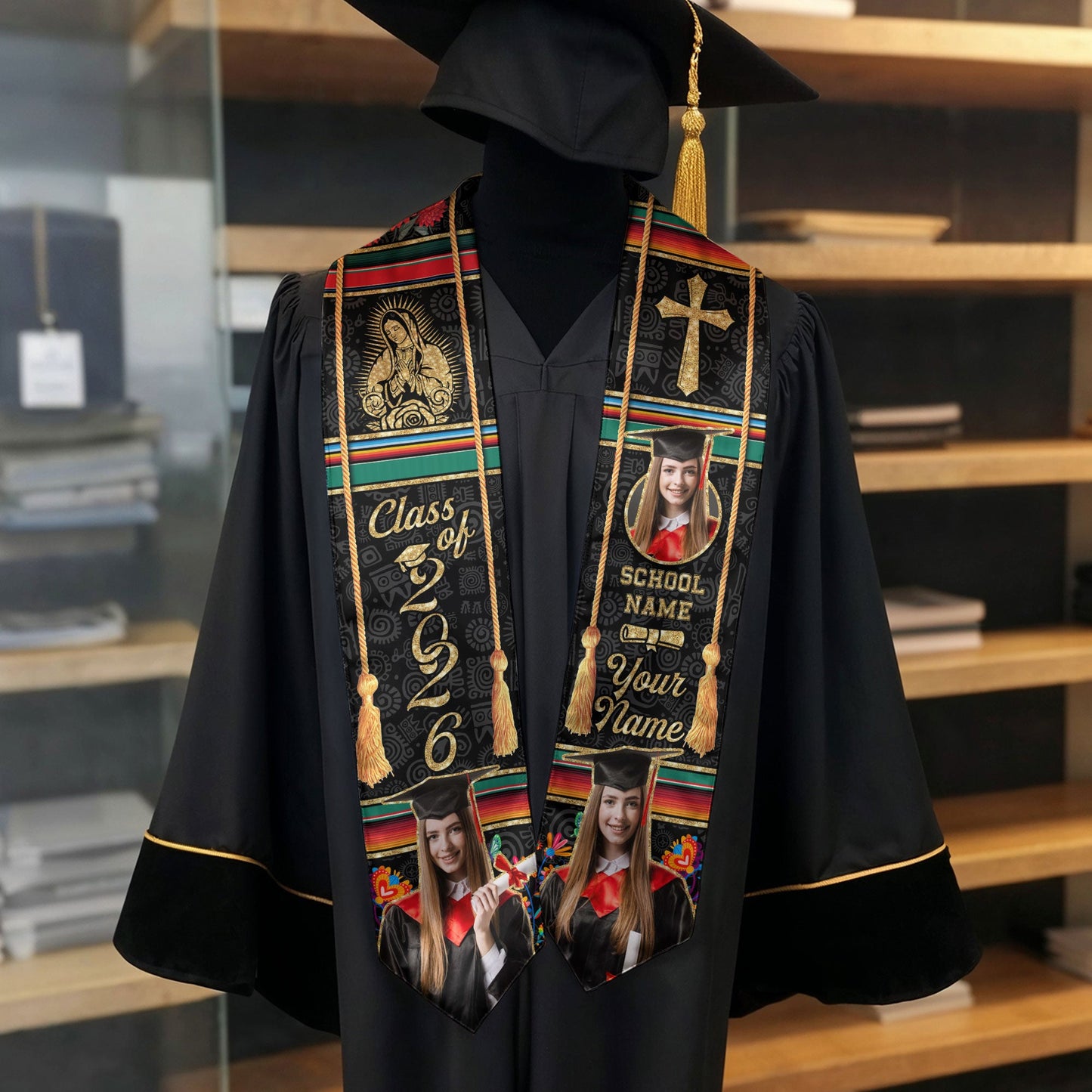 Custom Photo Mexican Graduation Stole 2026 Aztec Virgin Mary & Cross Graduation Sash Mexico