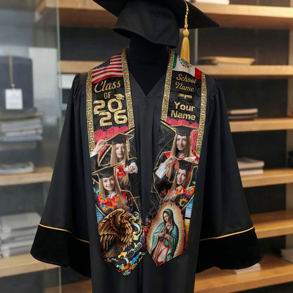 Custom Photo Mexican Stoles for Graduation 2026 Aztec Eagle & Virgin Mary USA Flag Sash