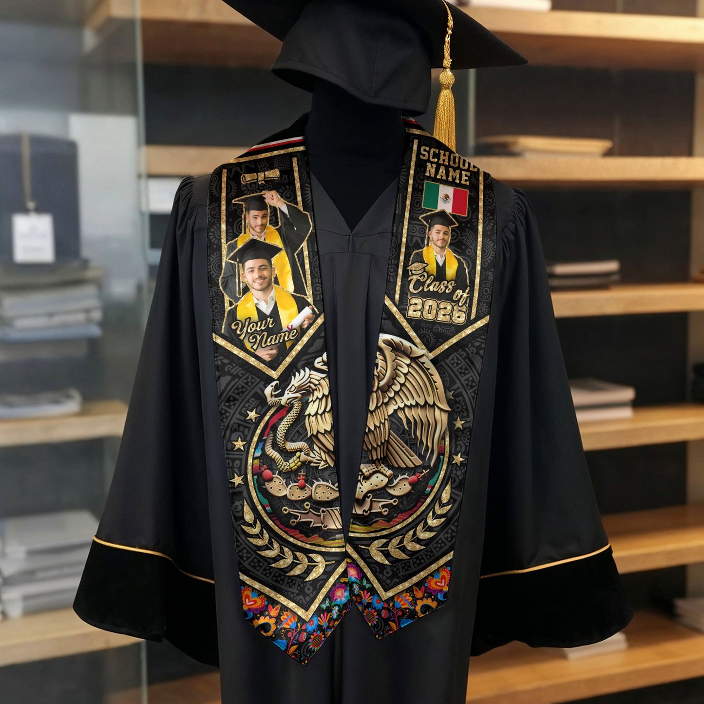 Custom Photo Mexican Graduation Stole 2026 Aztec Eagle Gold Serape Graduation Sash Mexico