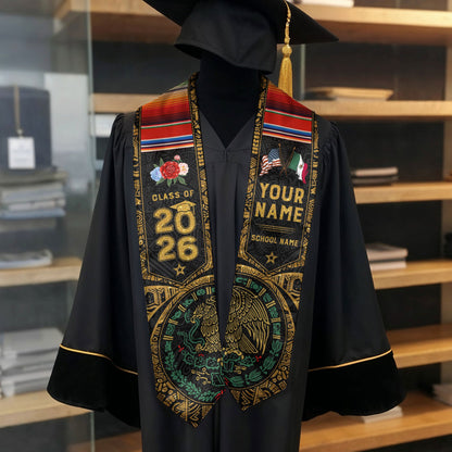 Personalized Class of 2026 Graduation Stole – Black & Gold USA Mexico Heritage Senior Sash with Serape Accent