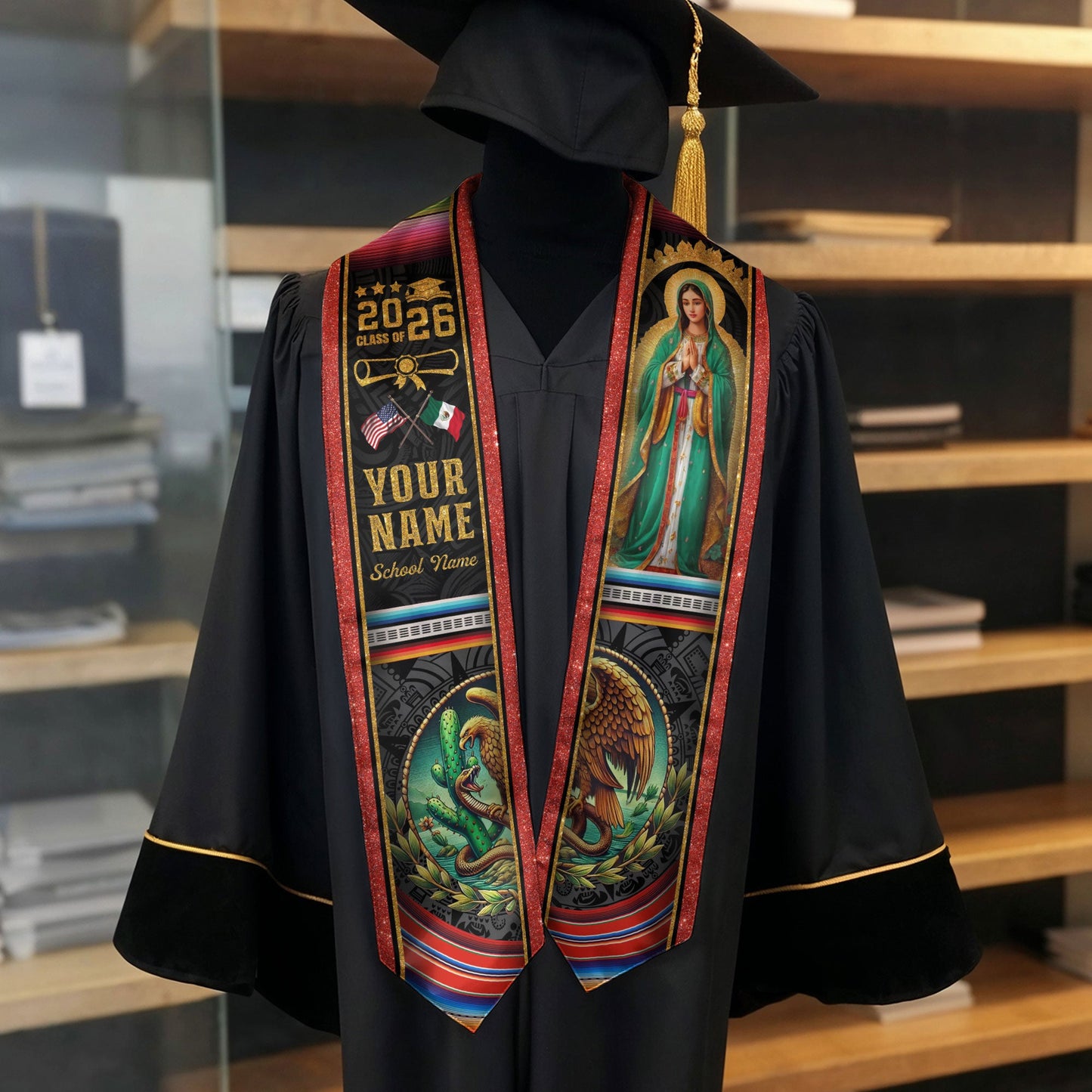 Virgen de Guadalupe 2026 Graduation Stole – Custom USA & Mexico Senior Sash with Eagle Emblem & Serape Detail