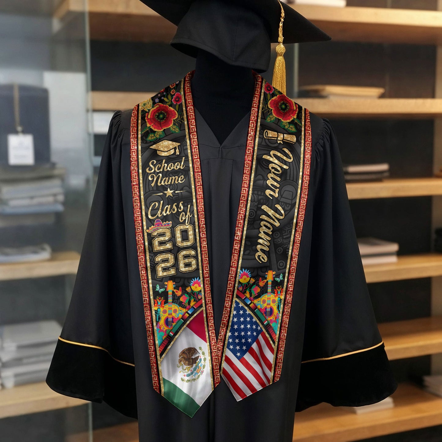 Personalized 2026 Graduation Stole – Mexican & American Heritage Senior Sash with Red Floral Gold Detail