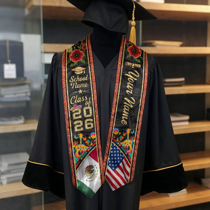 Personalized 2026 Graduation Stole – Mexican & American Heritage Senior Sash with Red Floral Gold Detail