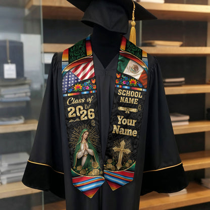 Custom Virgen de Guadalupe Class of 2026 Graduation Stole – USA & Mexico Flag Personalized Senior Sash