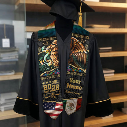 Custom Aztec Eagle Class of 2026 Graduation Stole – USA & Mexico Flag Personalized Senior Sash