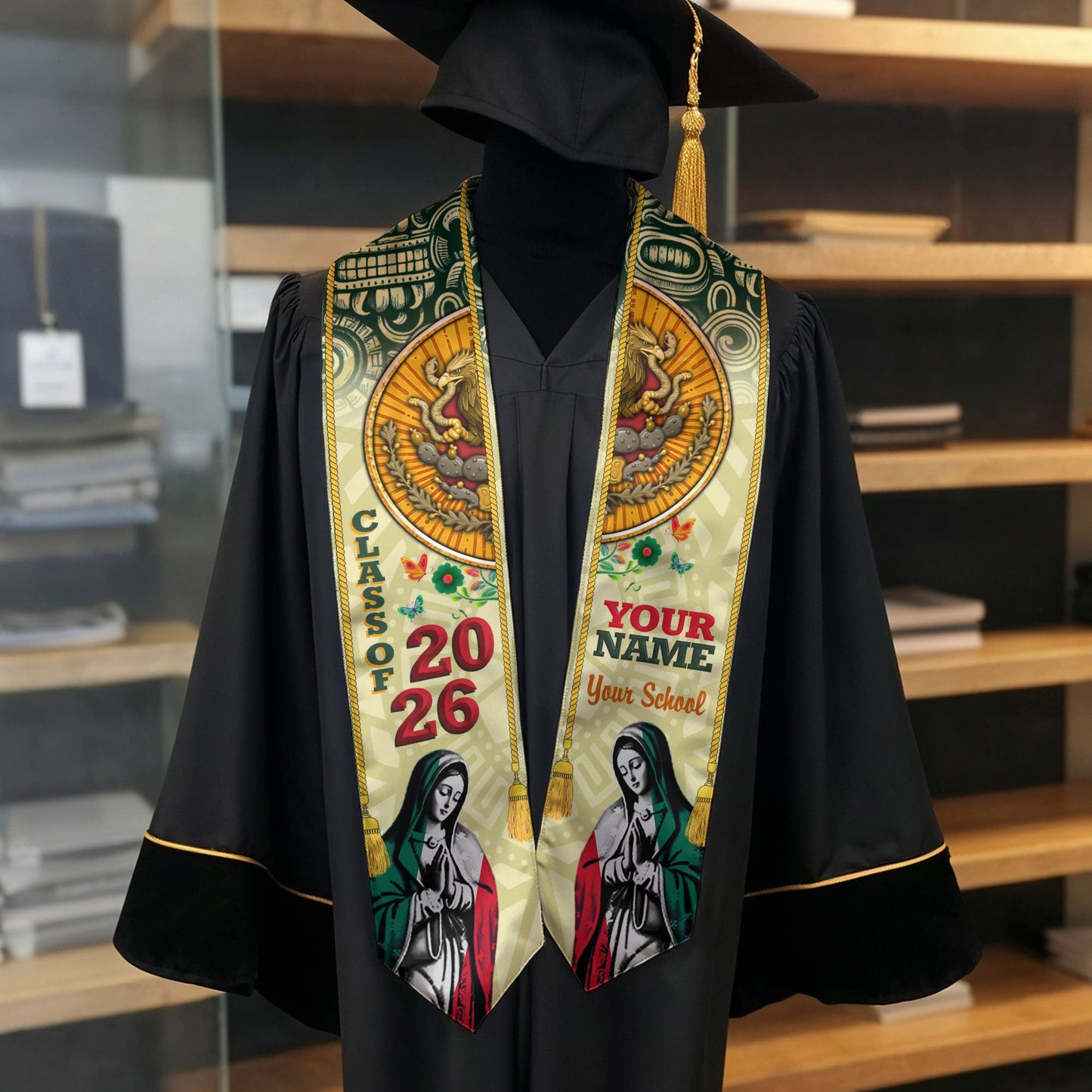 Custom Aztec Sun & Virgen Graduation Stole 2026 – Personalized Class of 2026 Senior Sash with School Name