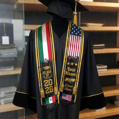 Custom USA & Mexico Flag Graduation Stole 2026 – Personalized Class of 2026 Senior Sash with Gold Tassel Design