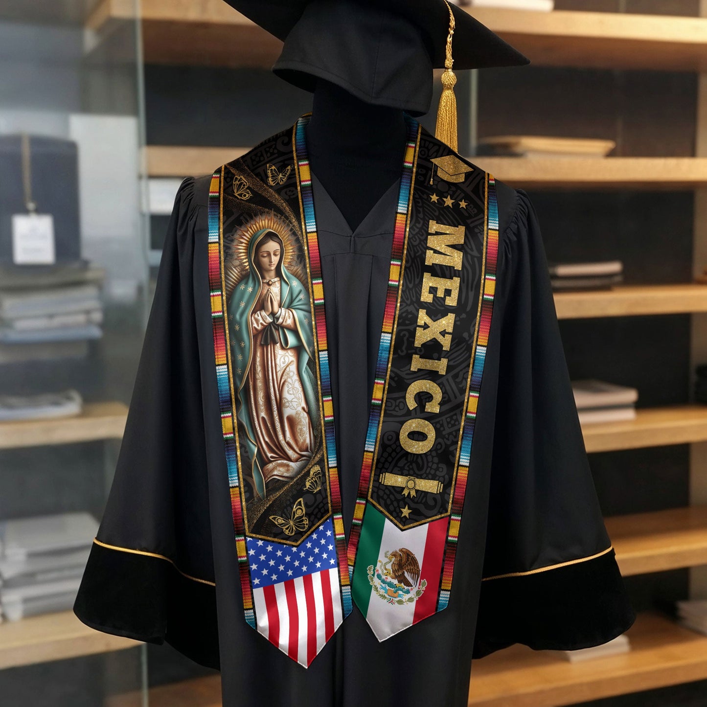 Mexican Graduation Stole Mexico USA Flag Aztec Virgin Mary Butterfly 2026