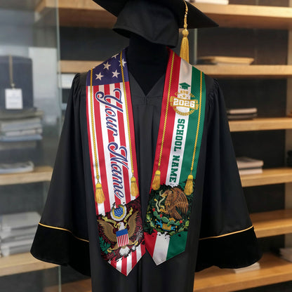 Personalized Mexican American Graduation Sash Class of 2026 Flag Eagle Name Stole